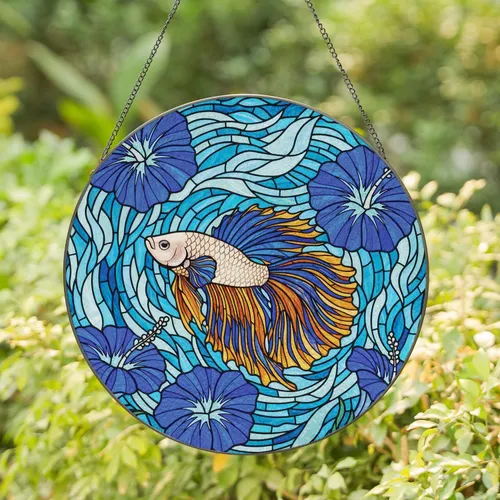 Betta Fish Blue Hibiscus Underwater Mosaic - Fish Lover Home Decor Gift Stained Glass Suncatcher