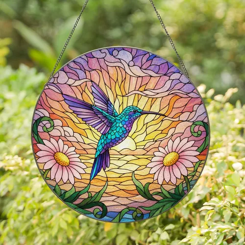 Stained Glass Hummingbird Daisy Flowers Sunrise Sunset Sky - Wildlife Home Decor Gift Stained Glass Suncatcher