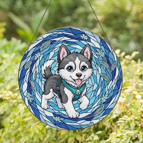 Playful Husky Puppy Ice Shards - Home Decor Gift for Dog Lover Stained Glass Suncatcher
