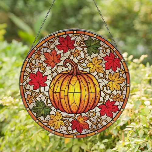 Autumn Pumpkin Intricate Mosaic Stained Glass Fall Leaves Harvest Home Decor Gift Stained Glass Suncatcher