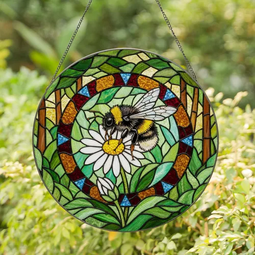 Stained Glass Bumblebee Daisy Garden - Home Decor Gift for Bee Lover Stained Glass Suncatcher