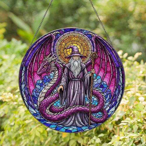 Stained Glass Wise Wizard Majestic Dragon Rune Wings - Magic Lover Home Decor Gift Stained Glass Suncatcher