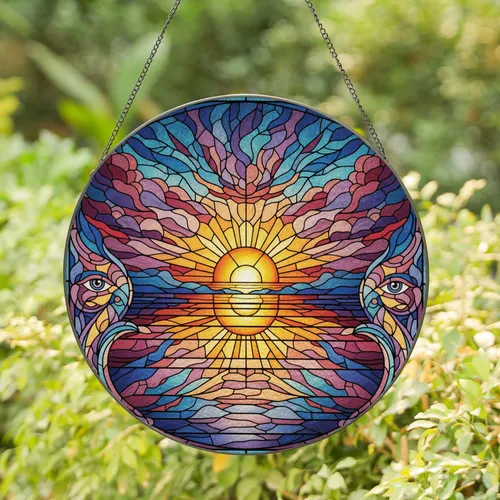 Orange Yellow Sun Water Reflection Multi-layered Clouds Eyes Mosaic Home Decor Gift Stained Glass Suncatcher