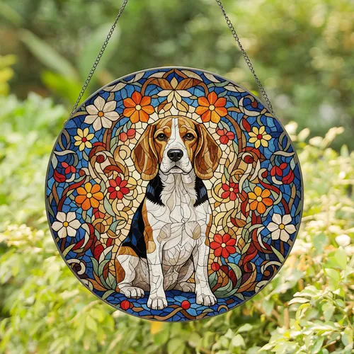 Beagle Dog Tiffany Stained Glass Floral Mosaic - Dog Lover Home Decor Gift Stained Glass Suncatcher