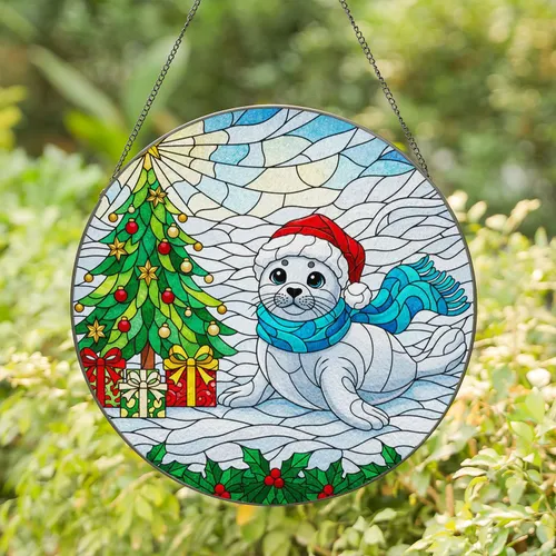Baby Seal Pup Santa Hat Scarf Christmas Tree Holly Presents - Christmas Gift Stained Glass Suncatcher