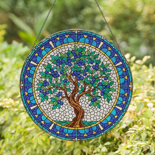 Blueberry Tree Blue Purple Berries Green Teal Foliage Tiffany Glass Mosaic - Home Decor Stained Glass Suncatcher