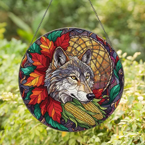Wolf Head Yellow Corn Dreamcatcher Leaves Mosaic Botanical - Home Decor Gift Stained Glass Suncatcher