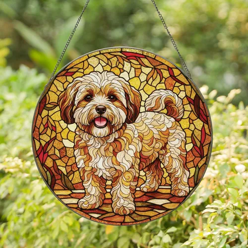 Happy Small Fluffy Dog Stained Glass Jewel Tones Home Decor Gift for Pet Lover Stained Glass Suncatcher
