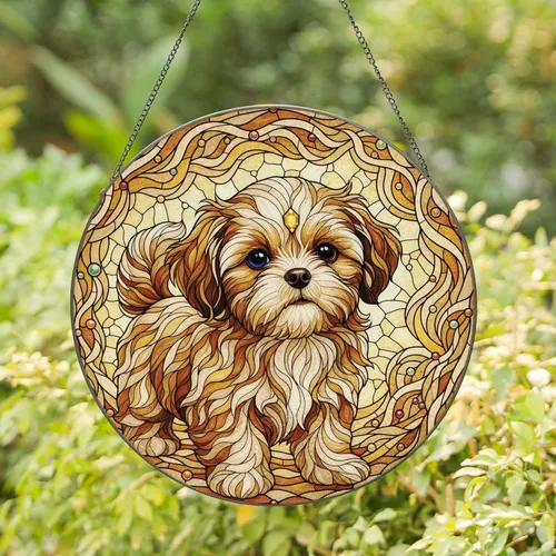 Shih Tzu Puppy Stained Glass with Golden Gem Accents - Window Decor Gift for Dog Lovers Stained Glass Suncatcher