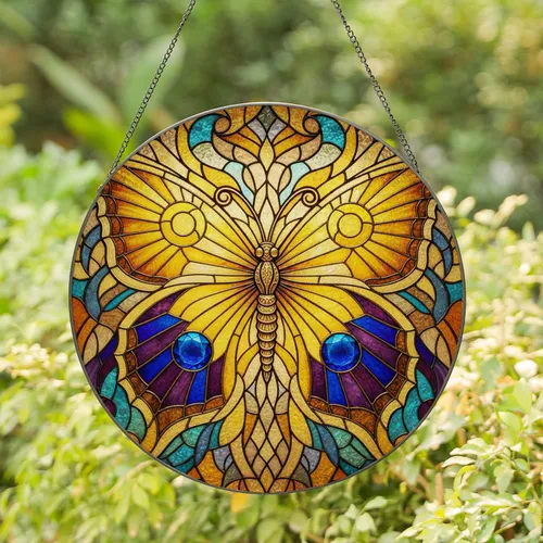 Butterfly Golden Sun Translucent Glass Mosaic - Home Decor Gift for Butterfly Lover Stained Glass Suncatcher