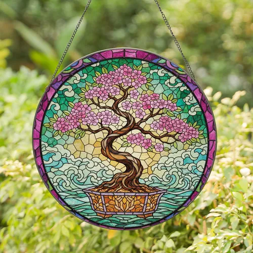 Gnarled Blossoming Cherry Bonsai Tree Filigree Stained Glass Mosaic - Home Decor Gift Stained Glass Suncatcher