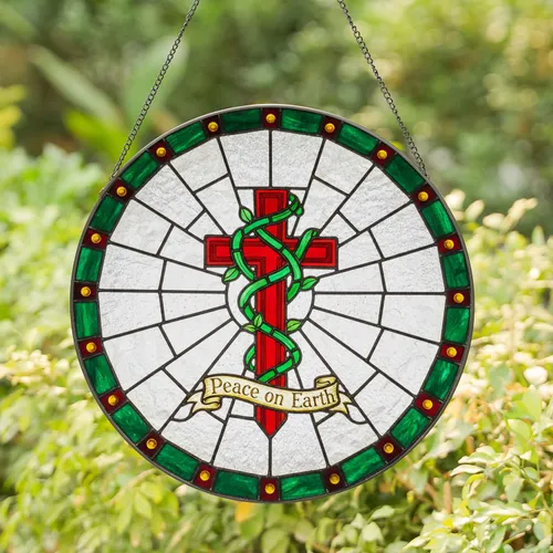 Stained Glass Red Latin Cross Green Vine Peace on Earth Banner - Home Decor Gift Stained Glass Suncatcher