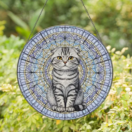 Glowing Jewel Tone Stained Glass Scottish Fold Cat Mosaic - Home Decor Gift for Cat Lover Stained Glass Suncatcher