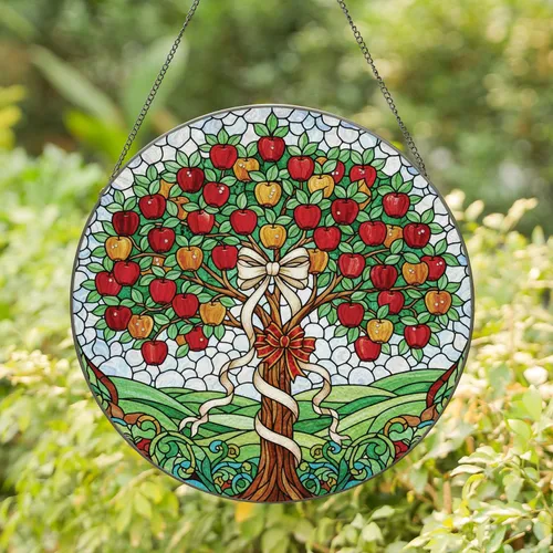 Vibrant Gnarled Apple Tree Pearl Ribbon Cloudy Sky Stained Glass Mosaic - Home Decor Gift Stained Glass Suncatcher