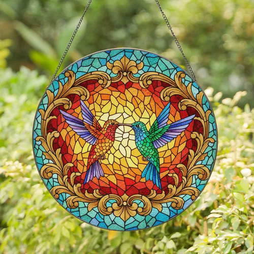 Two Hummingbirds Stained Glass Mosaic - Home Decor Gift for Nature Lovers Stained Glass Suncatcher