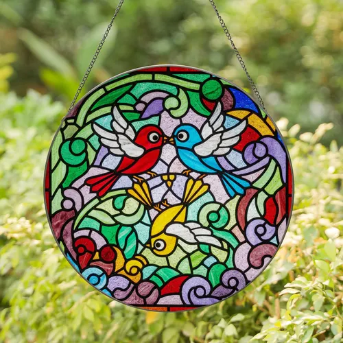 Stained Glass Cartoon Birds Leaves Vines - Home Decor Gift for Bird Lovers Stained Glass Suncatcher
