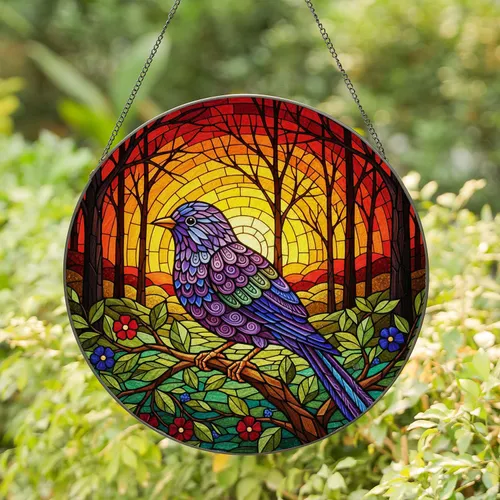 Stained Glass Songbird Autumn Sunset - Wildlife Lover Home Decor Gift Stained Glass Suncatcher