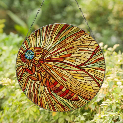 Glowing Translucent Jewel Tones Stained Glass Cicada Mosaic - Wildlife Lover Window Decor Gift Stained Glass Suncatcher