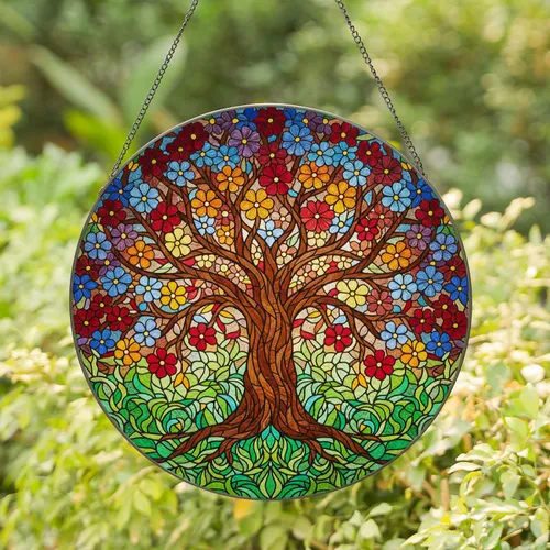 Tiffany Stained Glass Mosaic Tree of Life Gnarled Branches Floral Canopy - Home Decor Gift Stained Glass Suncatcher