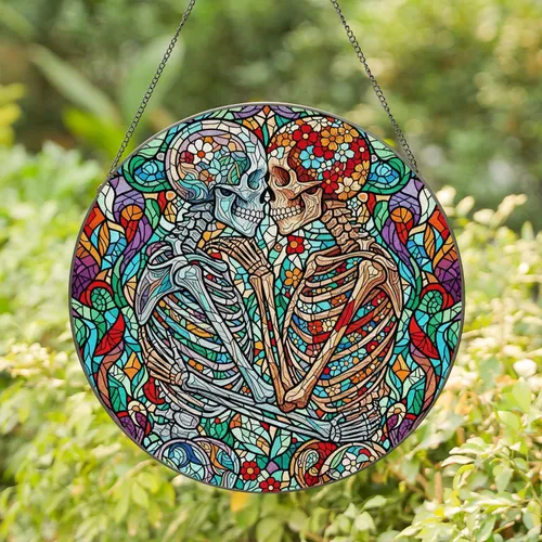 Tiffany Glass Skeletons Kissing Floral Botanical Mosaic - Home Decor Gift for Couples Stained Glass Suncatcher