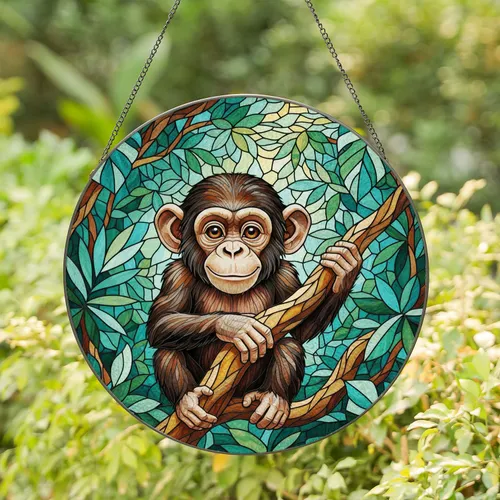 Baby Chimpanzee Tropical Jungle - Wildlife Lover Home Decor Gift Stained Glass Suncatcher