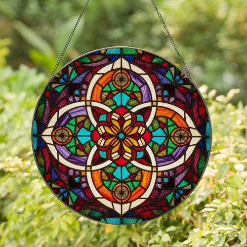 Circular Floral Petals Three Interconnected Hearts Cross Circles Geometric Mosaic - Home Decor Gift Stained Glass Suncatcher