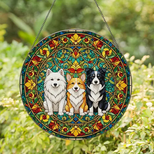 Three Dogs Floral Leaf Tiffany Stained Glass Home Decor Gift for Dog Lover Stained Glass Suncatcher
