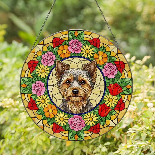 Yorkshire Terrier Floral Geometric - Home Decor Gift Dog Lover Stained Glass Suncatcher