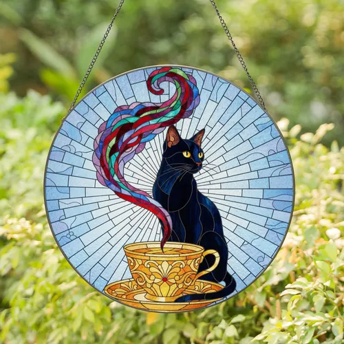 Black Cat Golden Teacup Light Blue Swirl Mosaic - Window Home Decor Gift for Cat Lovers Stained Glass Suncatcher