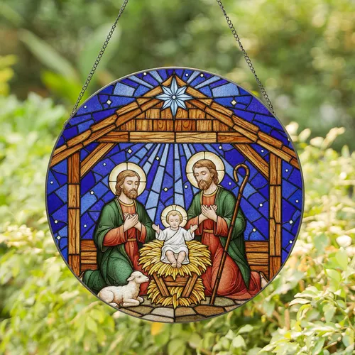 Baby Jesus Manger Nativity Scene with Joseph, Lamb & Star - Christmas Home Decor Gift Stained Glass Suncatcher