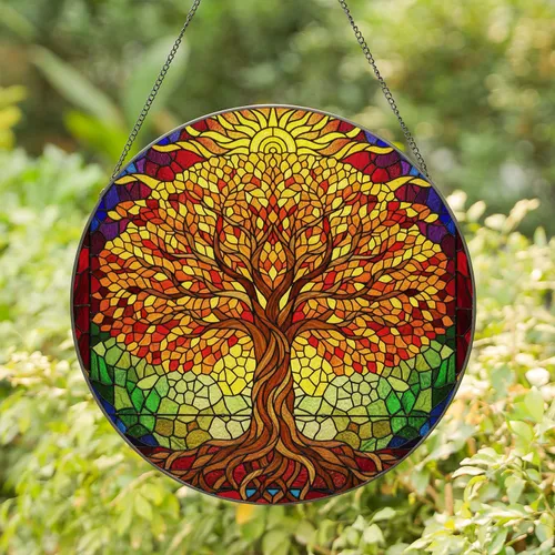 Stained Glass Tree of Life Sun Tiffany Autumn Leaves Home Decor Gift Stained Glass Suncatcher