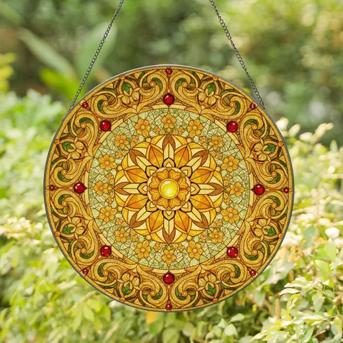 Stained Glass Circular Floral Mandala Golden Filigree Ruby Jewels - Home Decor Gift Stained Glass Suncatcher