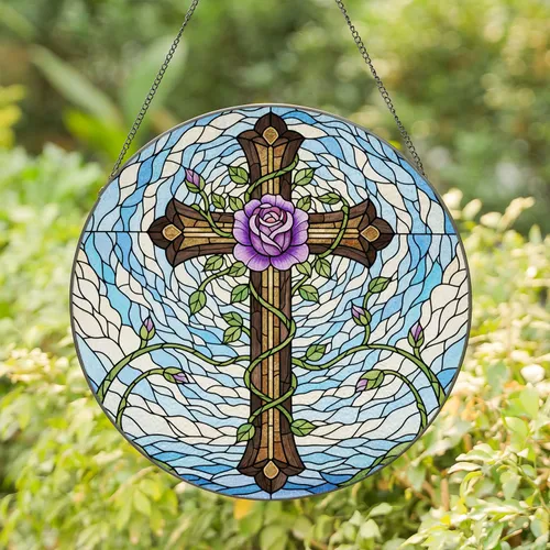 Christian Cross Purple Rose Full Bloom Green Vines Mosaic Sky - Home Decor Gift Stained Glass Suncatcher