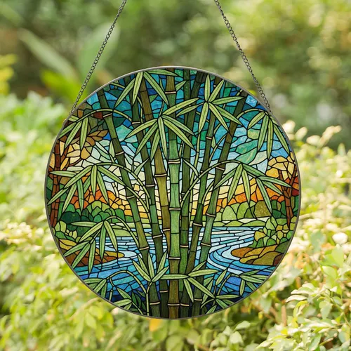 Tiffany Glass Bamboo Stalks Leaves Foliage Sky Water Mosaic - Home Decor Gift Stained Glass Suncatcher