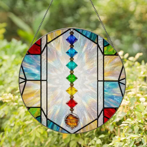 Seven Faceted Crystals Amber Stone Geometric Mosaic - Home Decor Gift Stained Glass Suncatcher