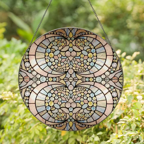 Crescent Moons Round Faceted Gems Celestial Cloud Mosaic – Window Decor Gift Stained Glass Suncatcher