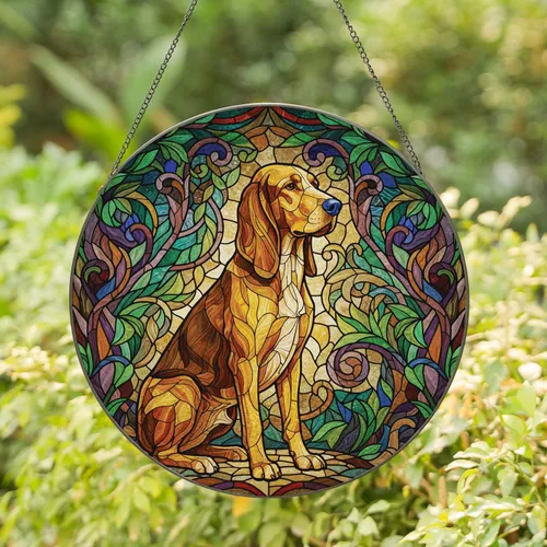Hound Dog Stained Glass Forest Mosaic - Home Decor Gift for Dog Lover Stained Glass Suncatcher