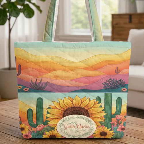 Floral Wreath Name Sunflower Saguaro Desert Landscape - Everyday Carry Gift Quilted Tote Bag
