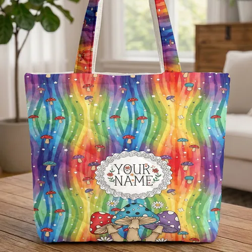 Ornate Mushrooms Rainbow Stripes Daisies Everyday Carry Gift Quilted Tote Bag