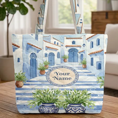 Moroccan Street Scene Ceramic Pots Tile Border - Everyday Carry Gift Quilted Tote Bag
