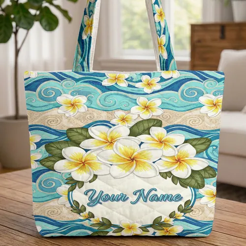 Plumeria Blossoms Wave Ocean Sand Floral Wreath - Everyday Carry Tropical Gift Quilted Tote Bag