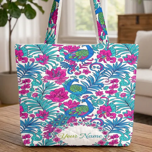 Majestic Peacock Tropical Flowers Name Wreath Everyday Carry Gift for Nature Lover Quilted Tote Bag
