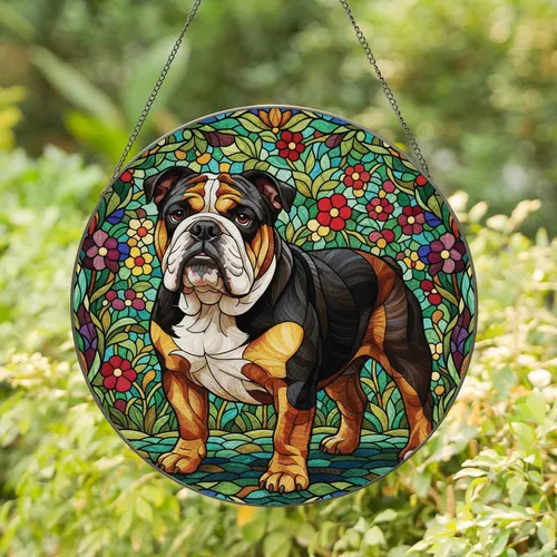 English Bulldog Garden Foliage - Home Decor Gift for Dog Lover Stained Glass Suncatcher