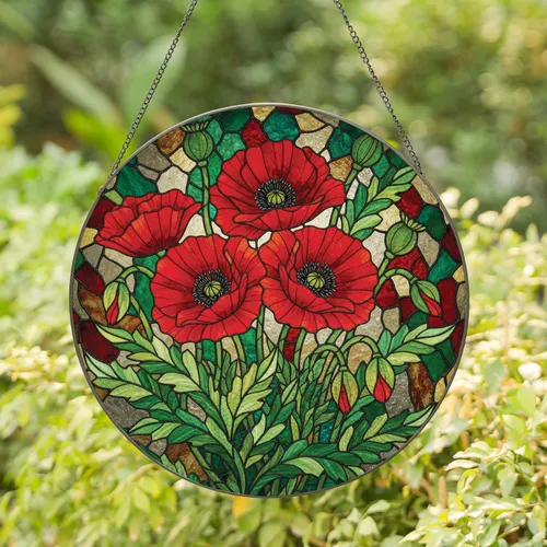 Lush Red Poppies Floral Bouquet Jewel Tone Stained Glass Mosaic - Home Decor Gift Stained Glass Suncatcher
