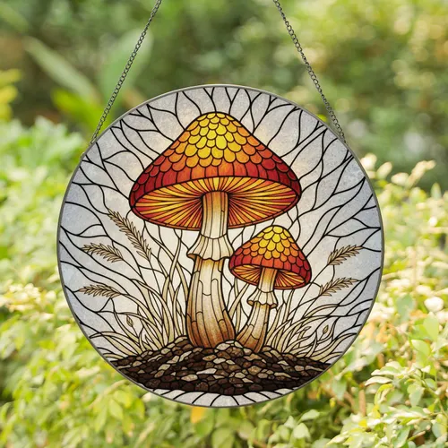 Glowing Translucent Fantastical Mushroom Cluster Organic Mosaic - Home Decor Gift Stained Glass Suncatcher