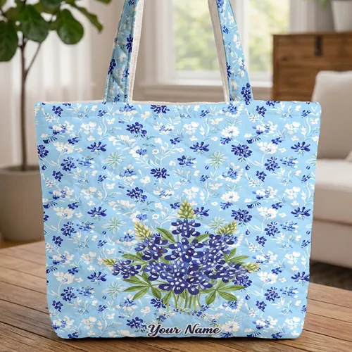Ornate Bluebonnet Bloom Floral Wreath Name Text - Everyday Carry Gift Quilted Tote Bag