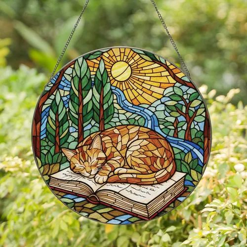 Sleeping Tabby Cat Open Book Stained Glass Window Mosaic - Home Decor Gift for Cat Lover Stained Glass Suncatcher