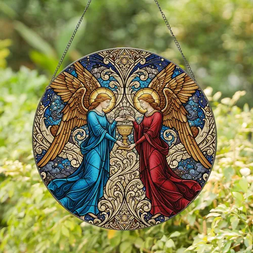 Celestial Angels Feathered Wings Halo Filigree Chalice - Home Decor Gift Stained Glass Suncatcher
