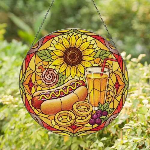 Hot Dog Sunflower Orange Juice Onion Rings Kitchen Decor Gift for Food Lover Stained Glass Suncatcher