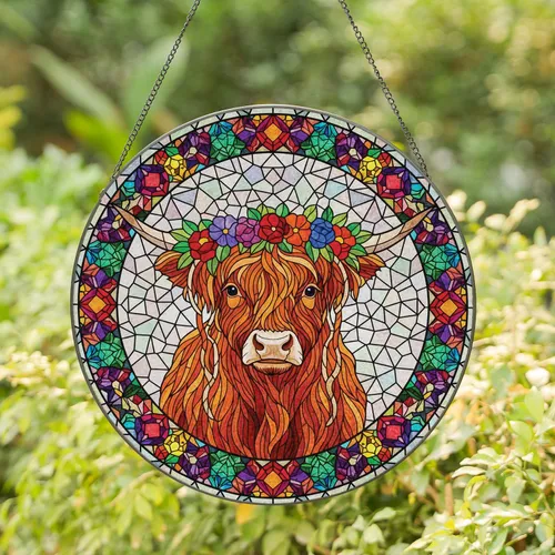 Highland Cow Floral Crown Gemstone Mosaic - Farmhouse Decor Gift for Cow Lover Stained Glass Suncatcher